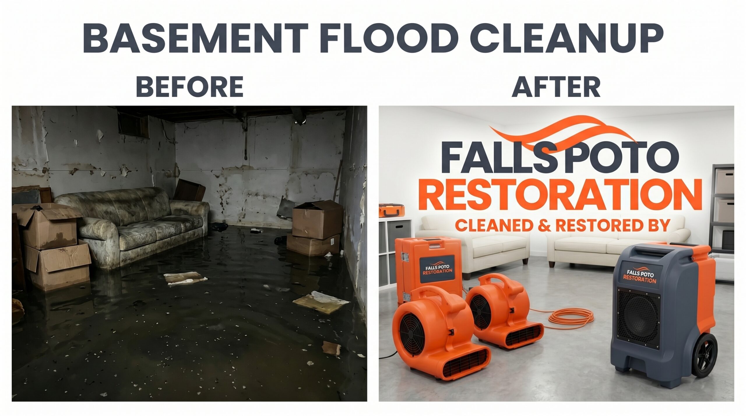 Before and after basement flood cleanup in Potomac MD — Falls Poto Restoration certified water extraction and structural drying