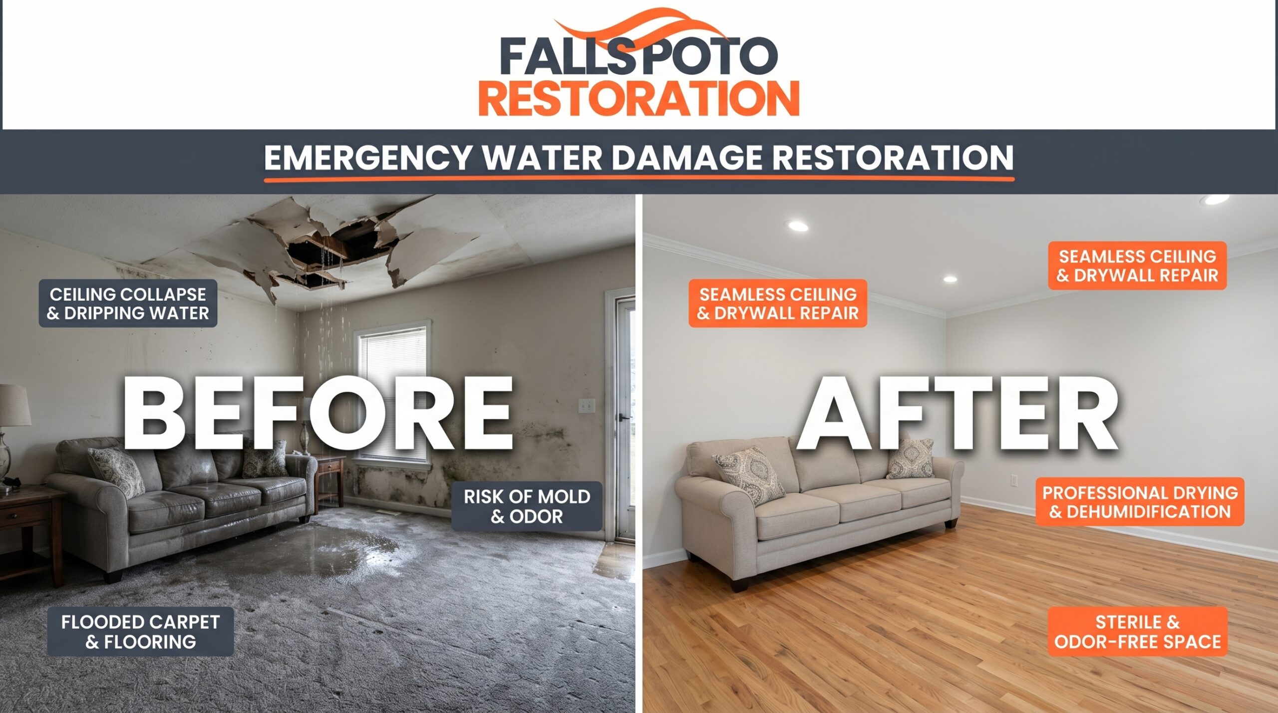 Before and After Emergency Water Damage Restoration in Potomac MD — Falls Poto Restoration